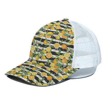 Orange And Lemon Striped Pattern Print White Mesh Trucker Cap