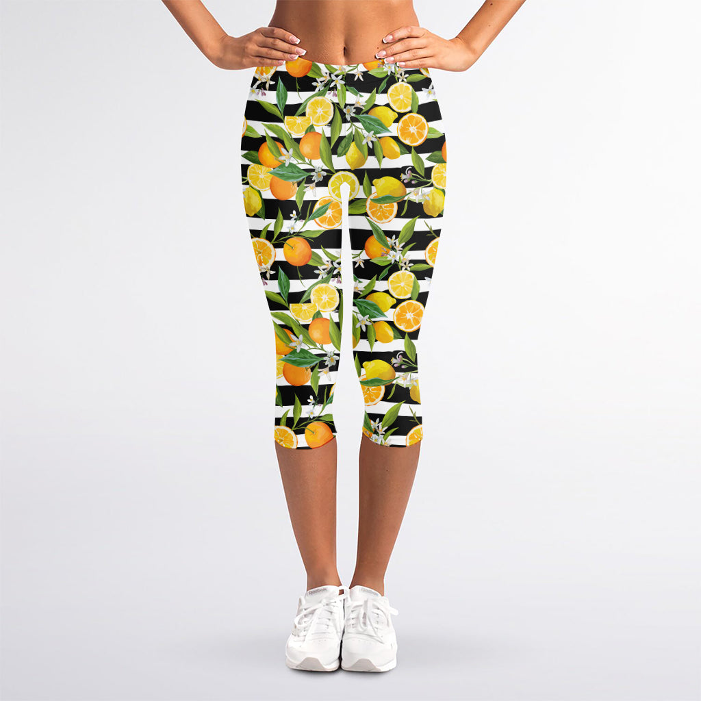 Orange And Lemon Striped Pattern Print Women's Capri Leggings