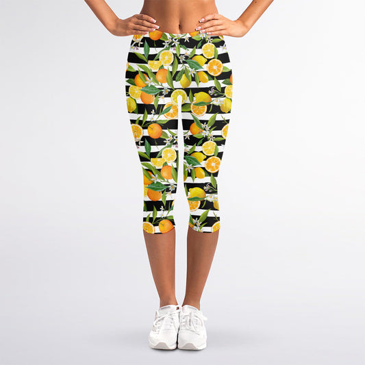 Orange And Lemon Striped Pattern Print Women's Capri Leggings