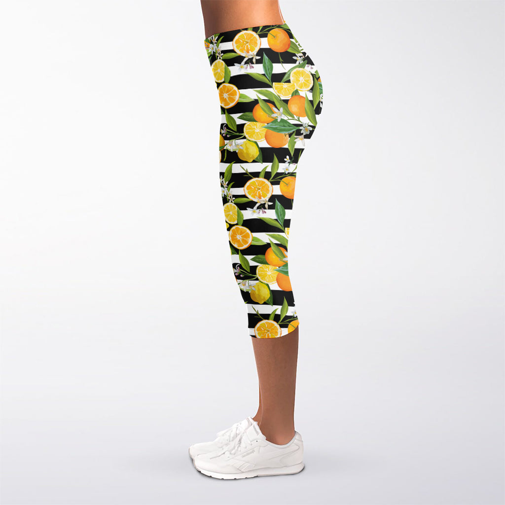 Orange And Lemon Striped Pattern Print Women's Capri Leggings