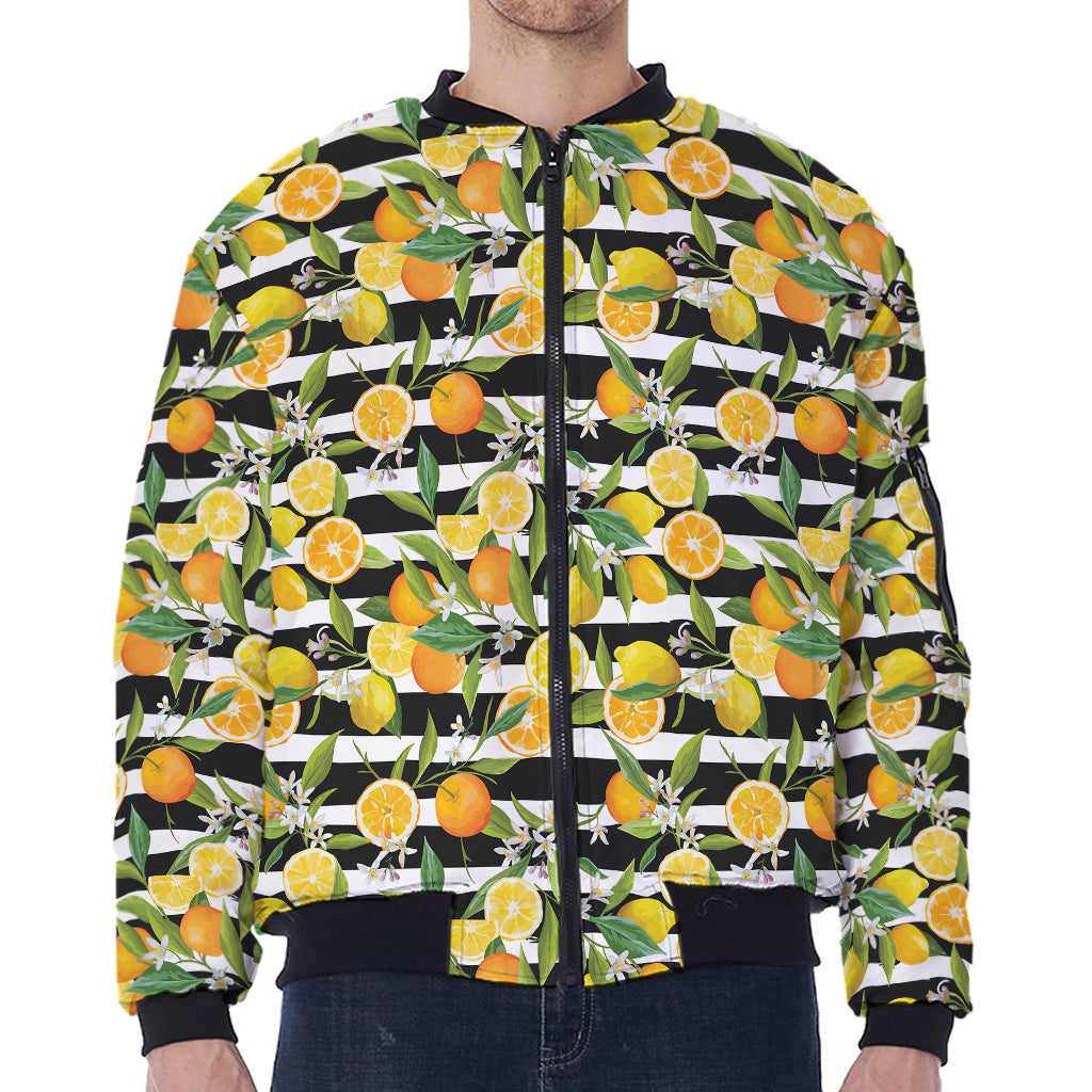 Orange And Lemon Striped Pattern Print Zip Sleeve Bomber Jacket