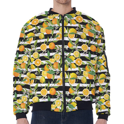 Orange And Lemon Striped Pattern Print Zip Sleeve Bomber Jacket