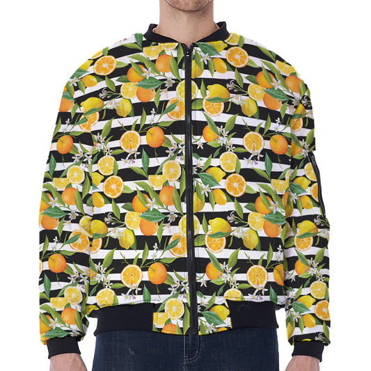 Orange And Lemon Striped Pattern Print Zip Sleeve Bomber Jacket