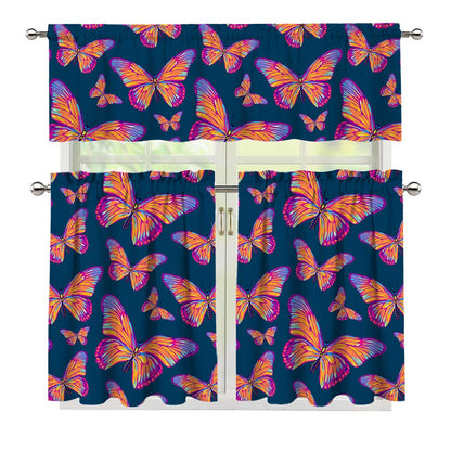 Orange And Purple Butterfly Print 3 Piece Kitchen Curtains