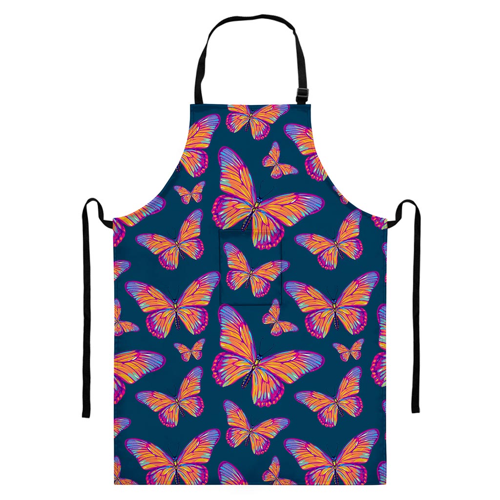 Orange And Purple Butterfly Print Bib Apron With Pocket