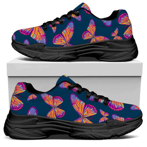 Orange And Purple Butterfly Print Black Chunky Shoes