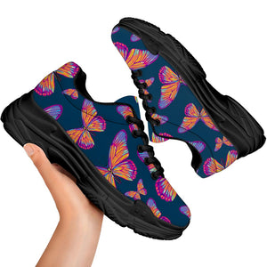 Orange And Purple Butterfly Print Black Chunky Shoes