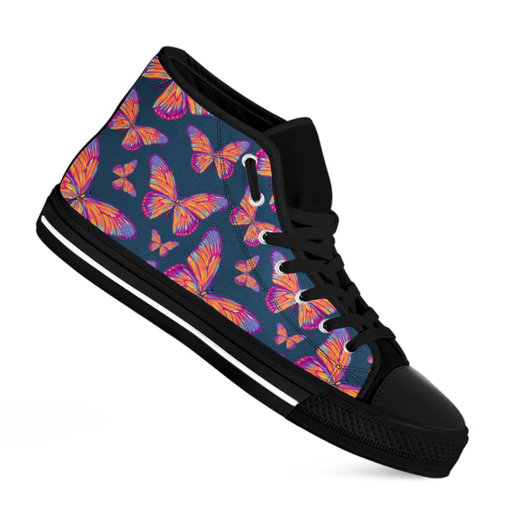 Orange And Purple Butterfly Print Black High Top Sneakers