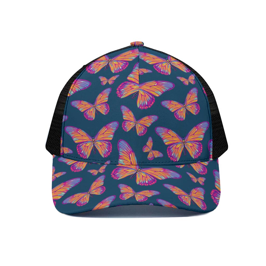 Orange And Purple Butterfly Print Black Mesh Trucker Cap