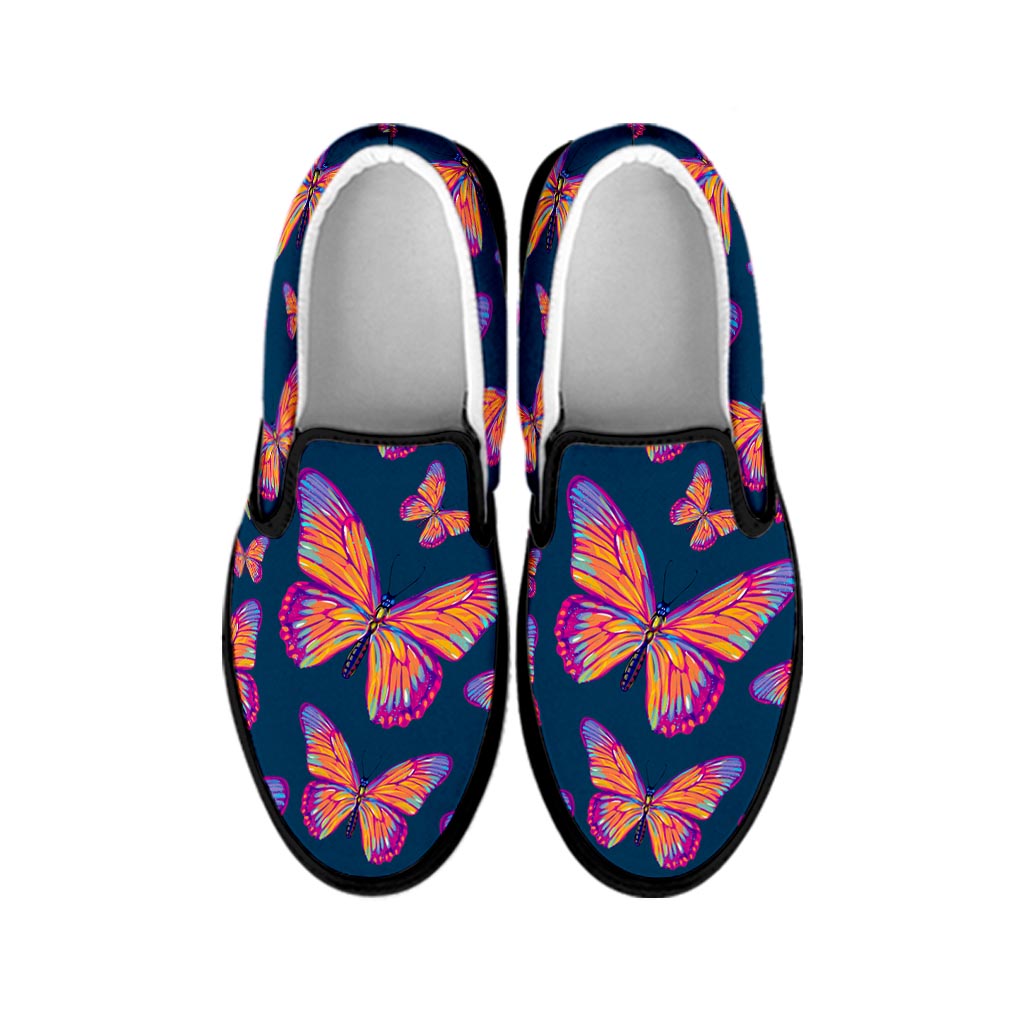 Orange And Purple Butterfly Print Black Slip On Sneakers