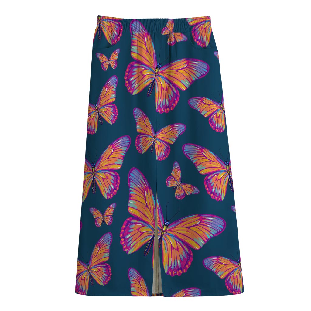 Orange And Purple Butterfly Print Cotton Front Slit Maxi Skirt