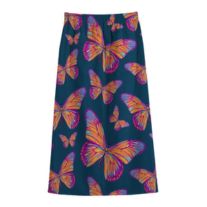 Orange And Purple Butterfly Print Cotton Front Slit Maxi Skirt