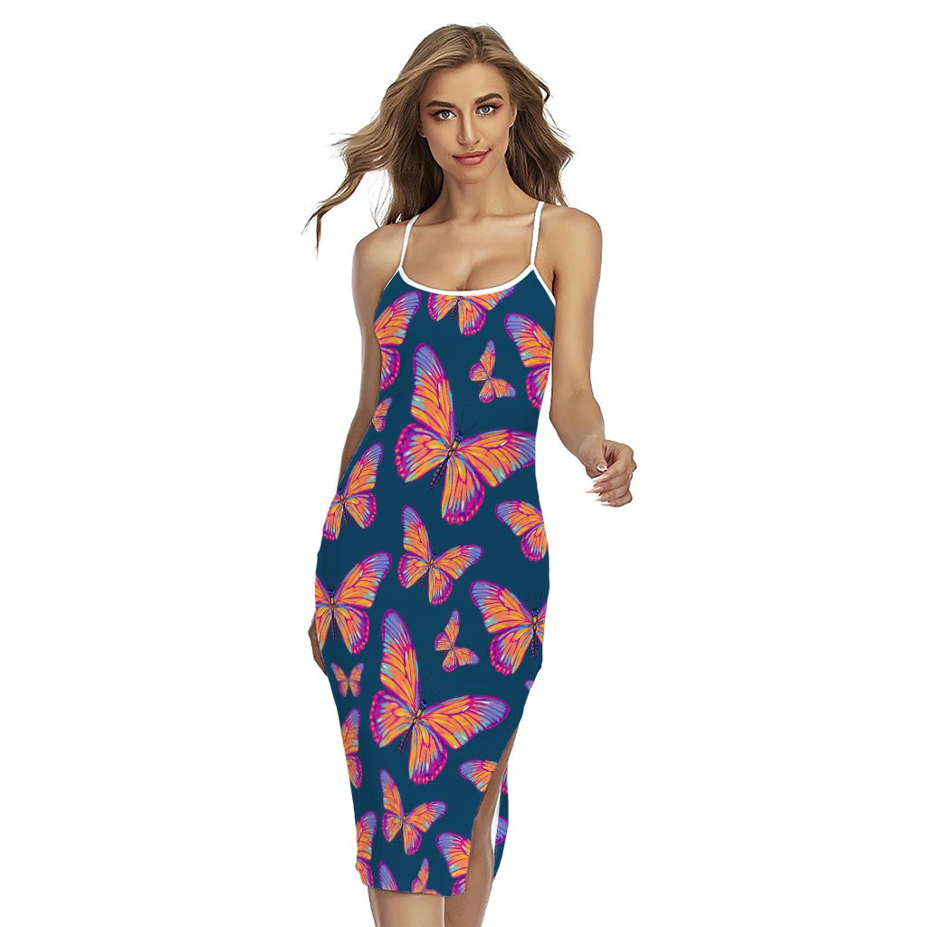 Orange And Purple Butterfly Print Cross Back Cami Dress