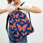 Orange And Purple Butterfly Print Drawstring Backpack