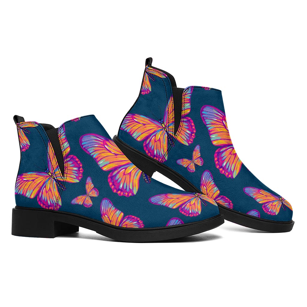 Orange And Purple Butterfly Print Flat Ankle Boots