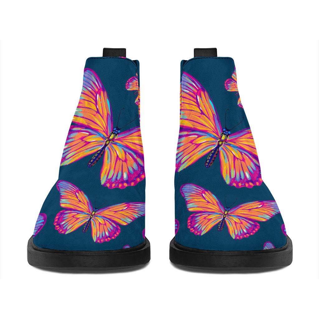 Orange And Purple Butterfly Print Flat Ankle Boots