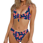 Orange And Purple Butterfly Print Front Bow Tie Bikini