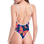 Orange And Purple Butterfly Print High Cut One Piece Swimsuit