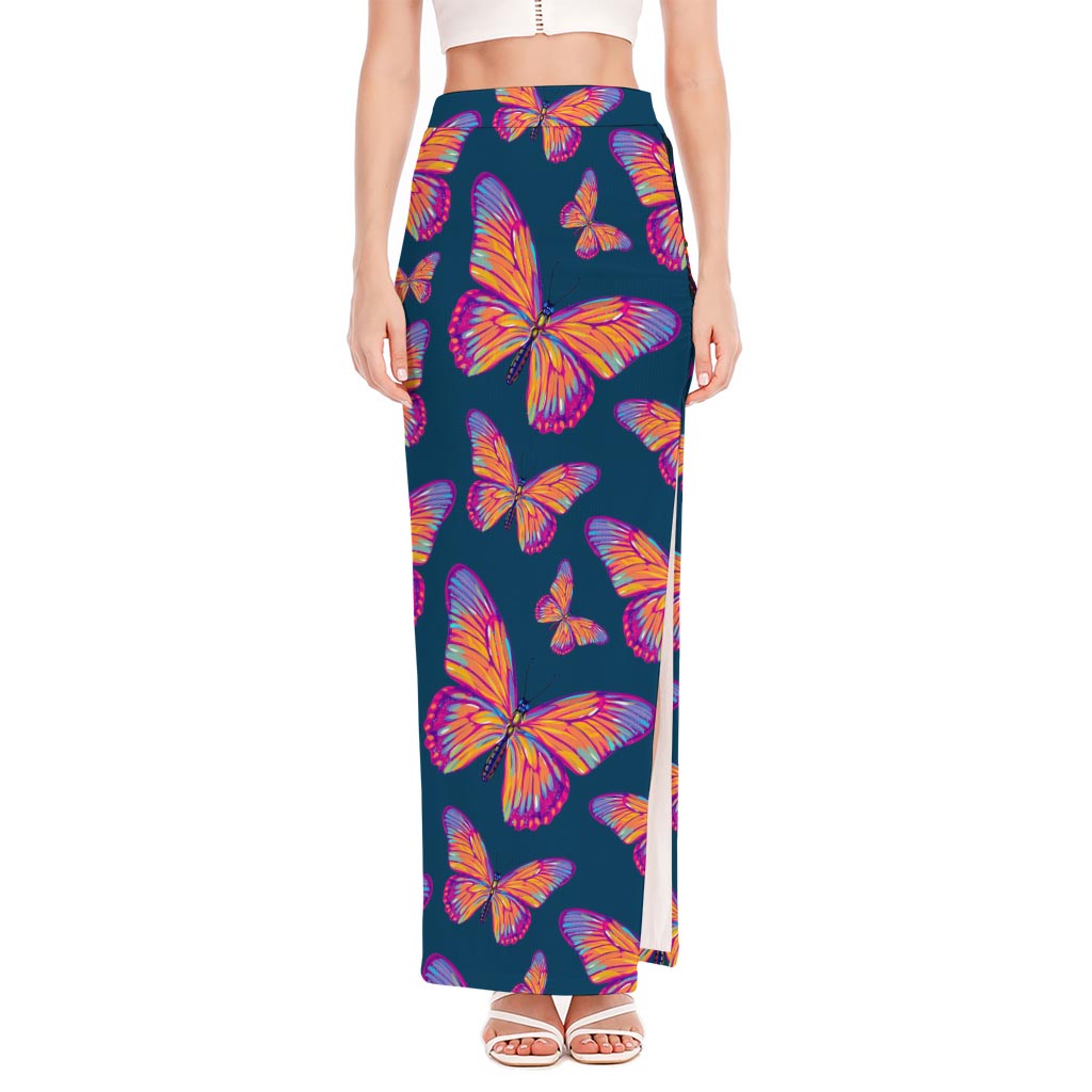 Orange And Purple Butterfly Print High Slit Maxi Skirt