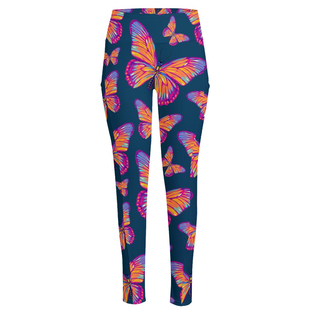 Orange And Purple Butterfly Print High-Waisted Pocket Leggings