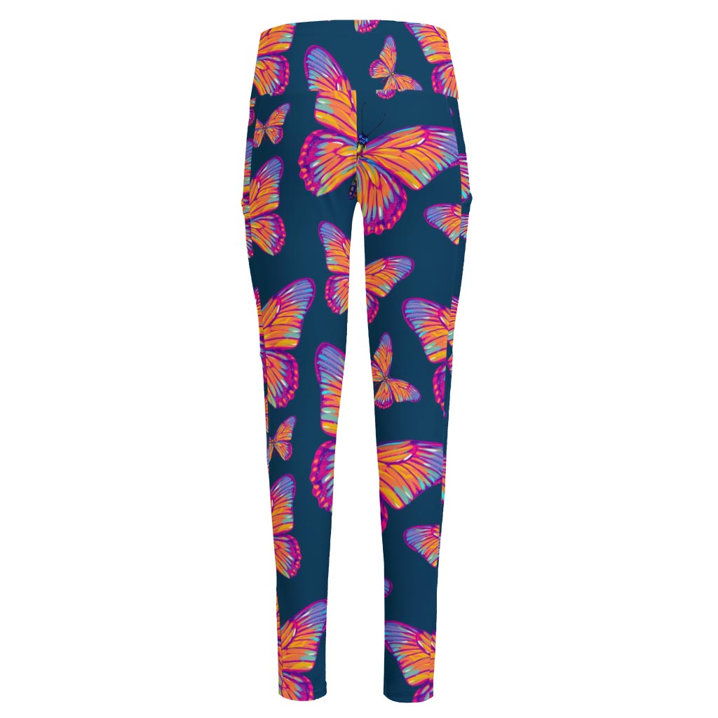 Orange And Purple Butterfly Print High-Waisted Pocket Leggings