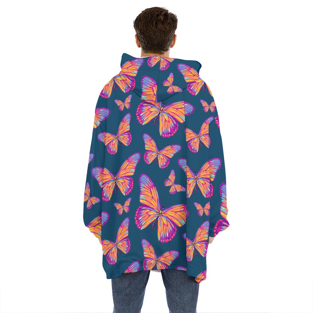 Orange And Purple Butterfly Print Hoodie Blanket