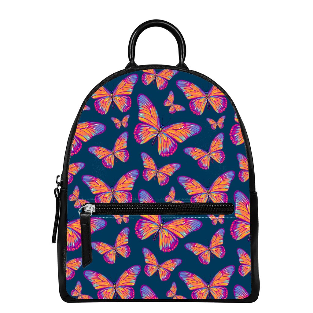 Orange And Purple Butterfly Print Leather Backpack