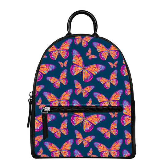 Orange And Purple Butterfly Print Leather Backpack
