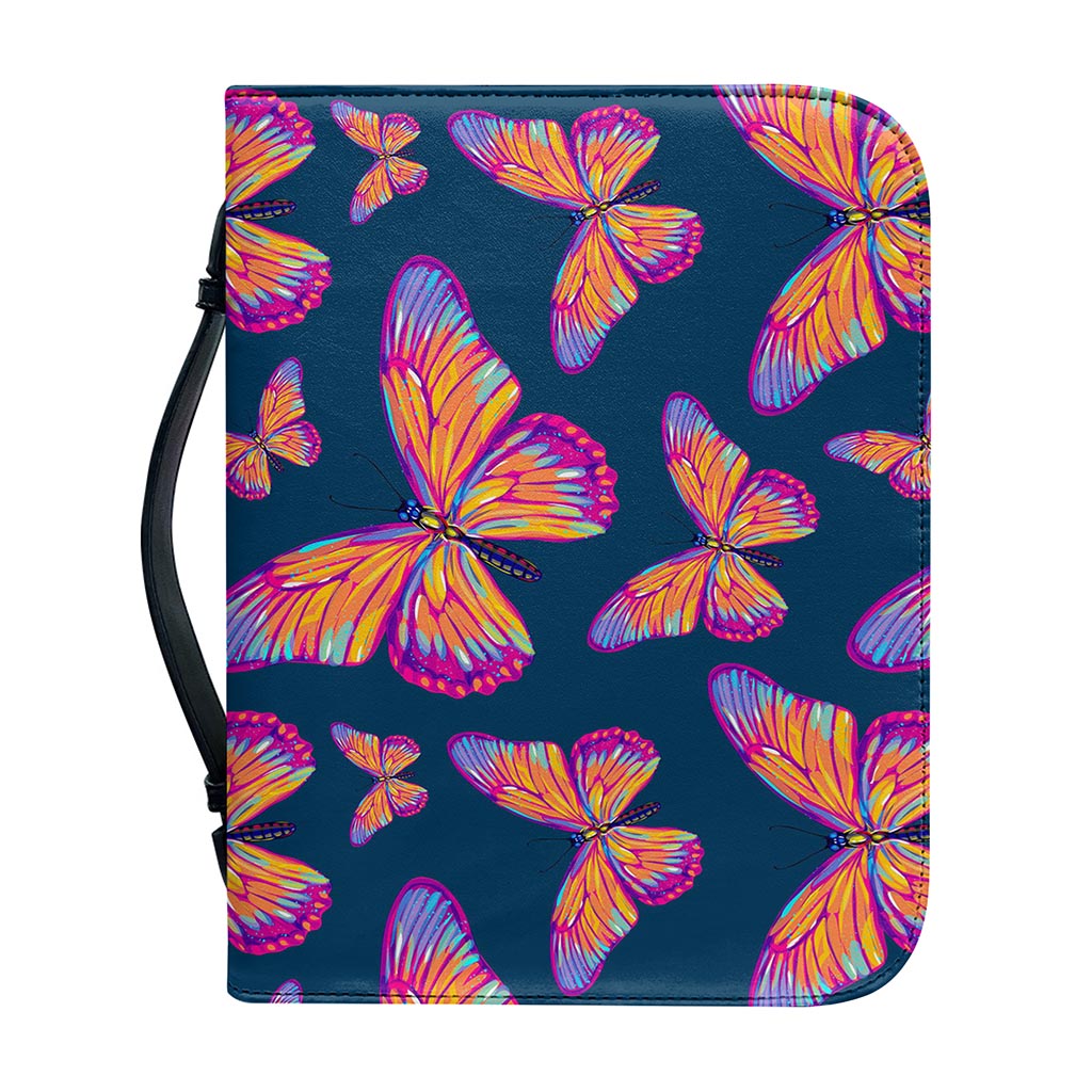 Orange And Purple Butterfly Print Leather Bible Cover