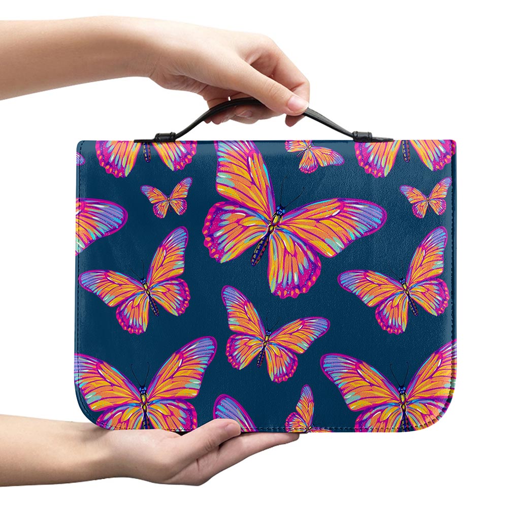 Orange And Purple Butterfly Print Leather Bible Cover
