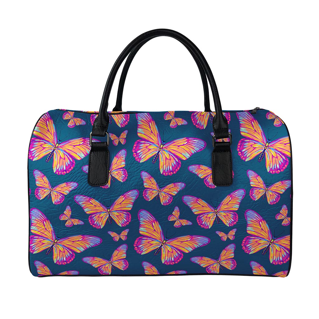 Orange And Purple Butterfly Print Leather Duffle Bag