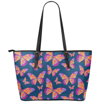 Orange And Purple Butterfly Print Leather Tote Bag