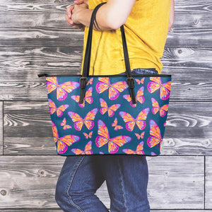 Orange And Purple Butterfly Print Leather Tote Bag