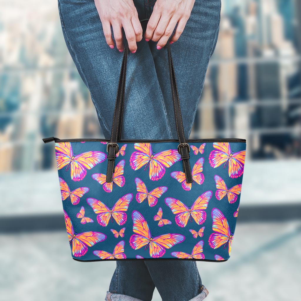 Orange And Purple Butterfly Print Leather Tote Bag