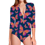 Orange And Purple Butterfly Print Long Sleeve Swimsuit