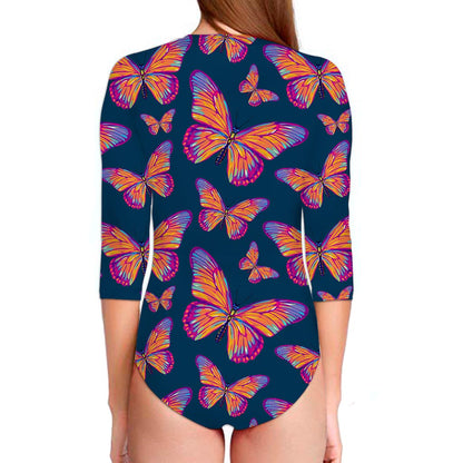 Orange And Purple Butterfly Print Long Sleeve Swimsuit