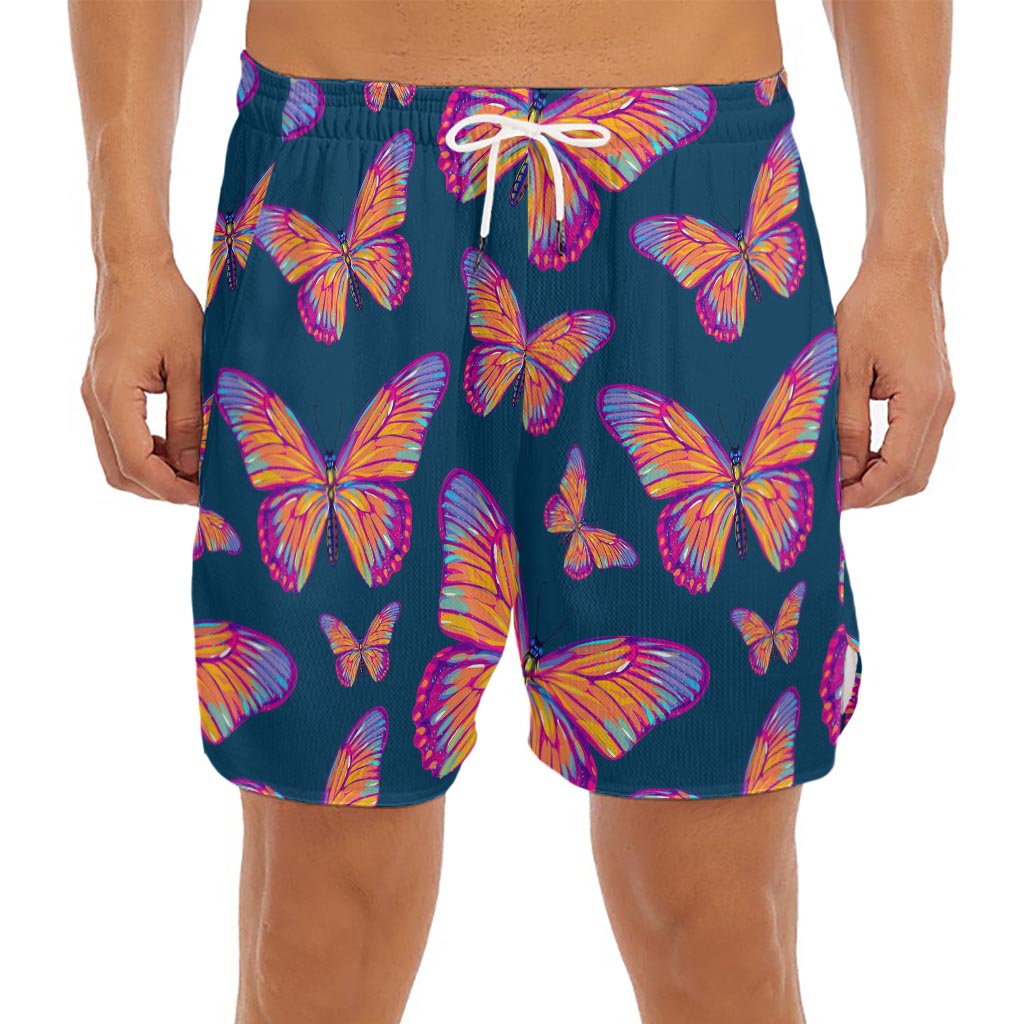 Orange And Purple Butterfly Print Men's Split Running Shorts