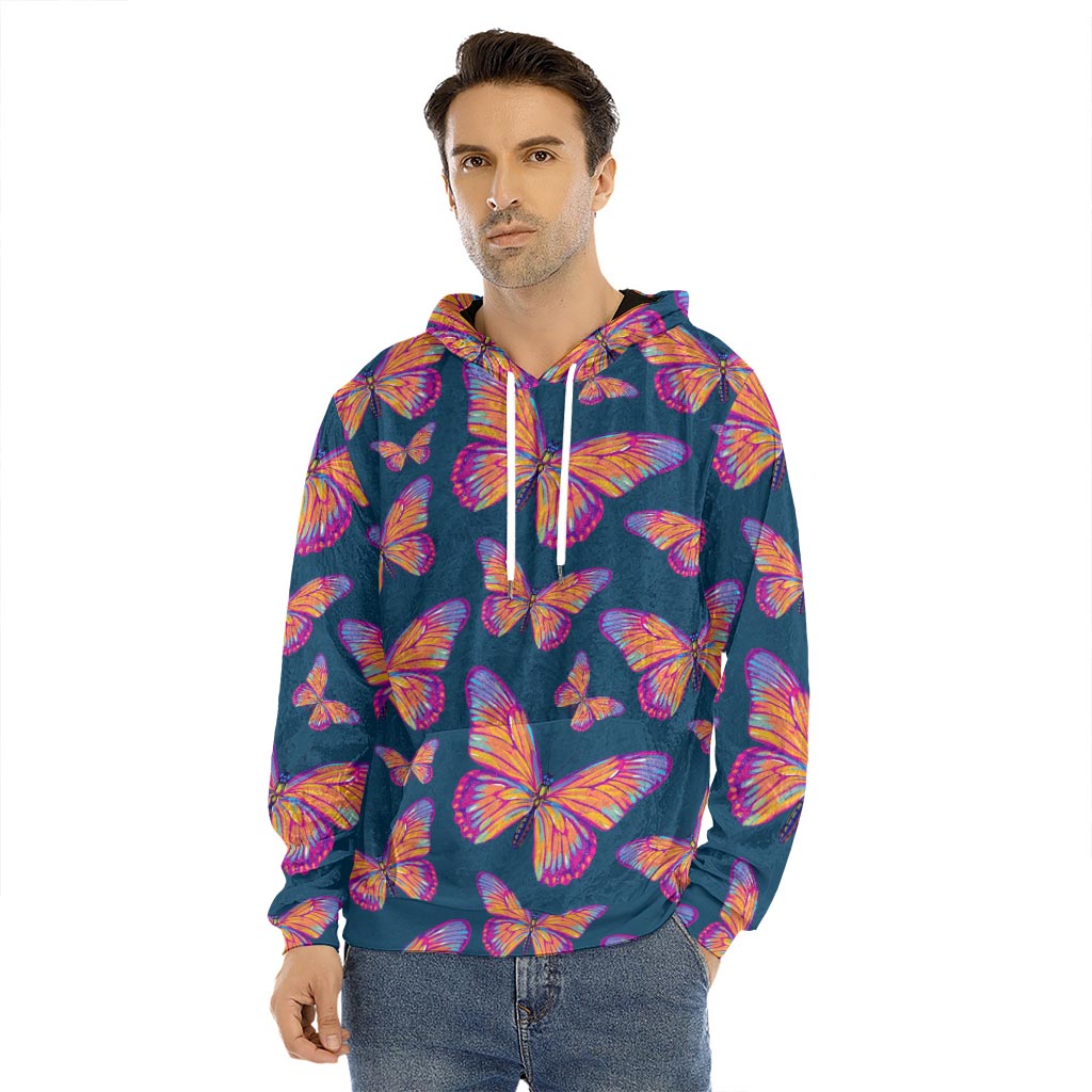 Orange And Purple Butterfly Print Men's Velvet Pullover Hoodie