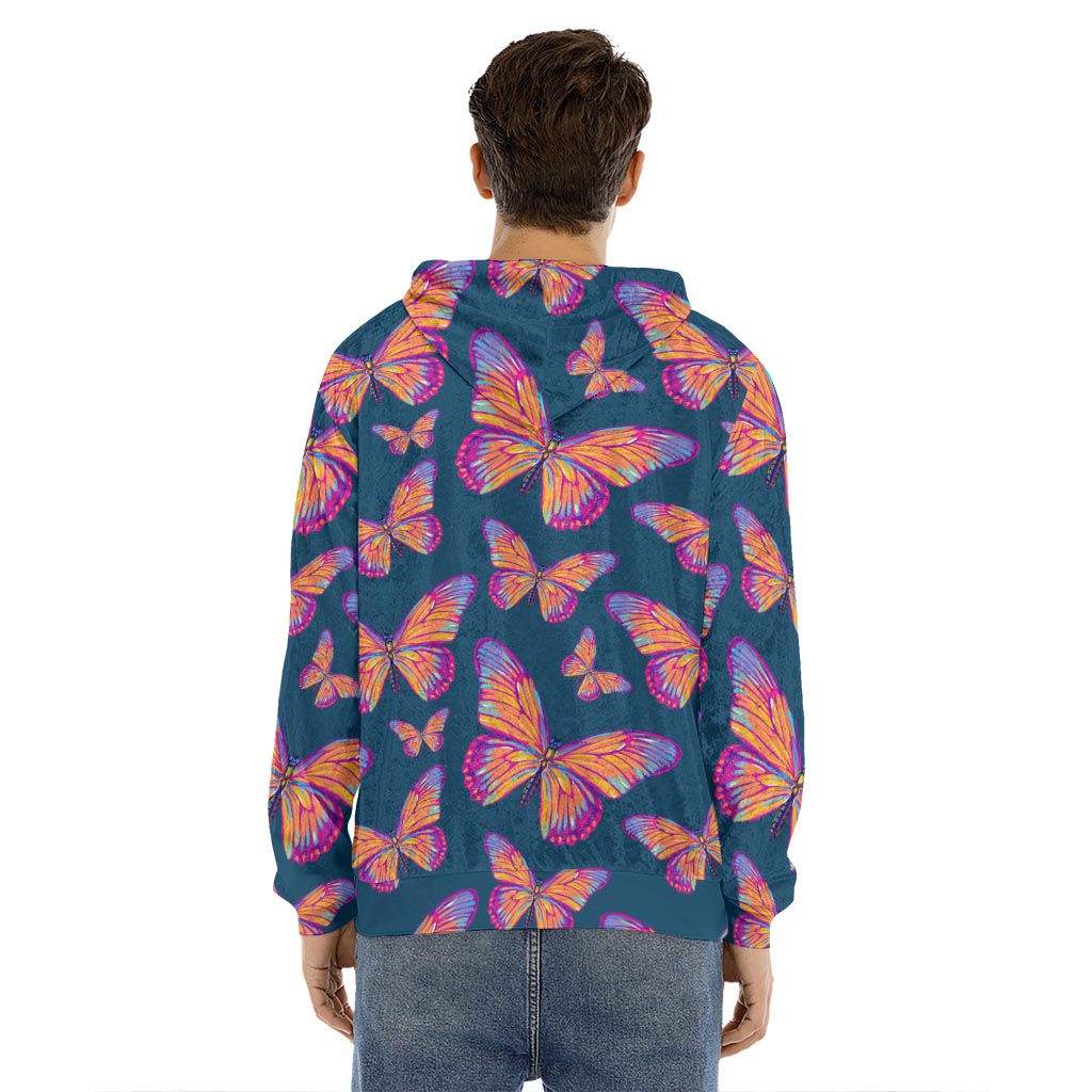 Orange And Purple Butterfly Print Men's Velvet Pullover Hoodie