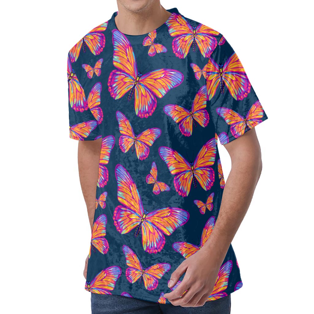 Orange And Purple Butterfly Print Men's Velvet T-Shirt