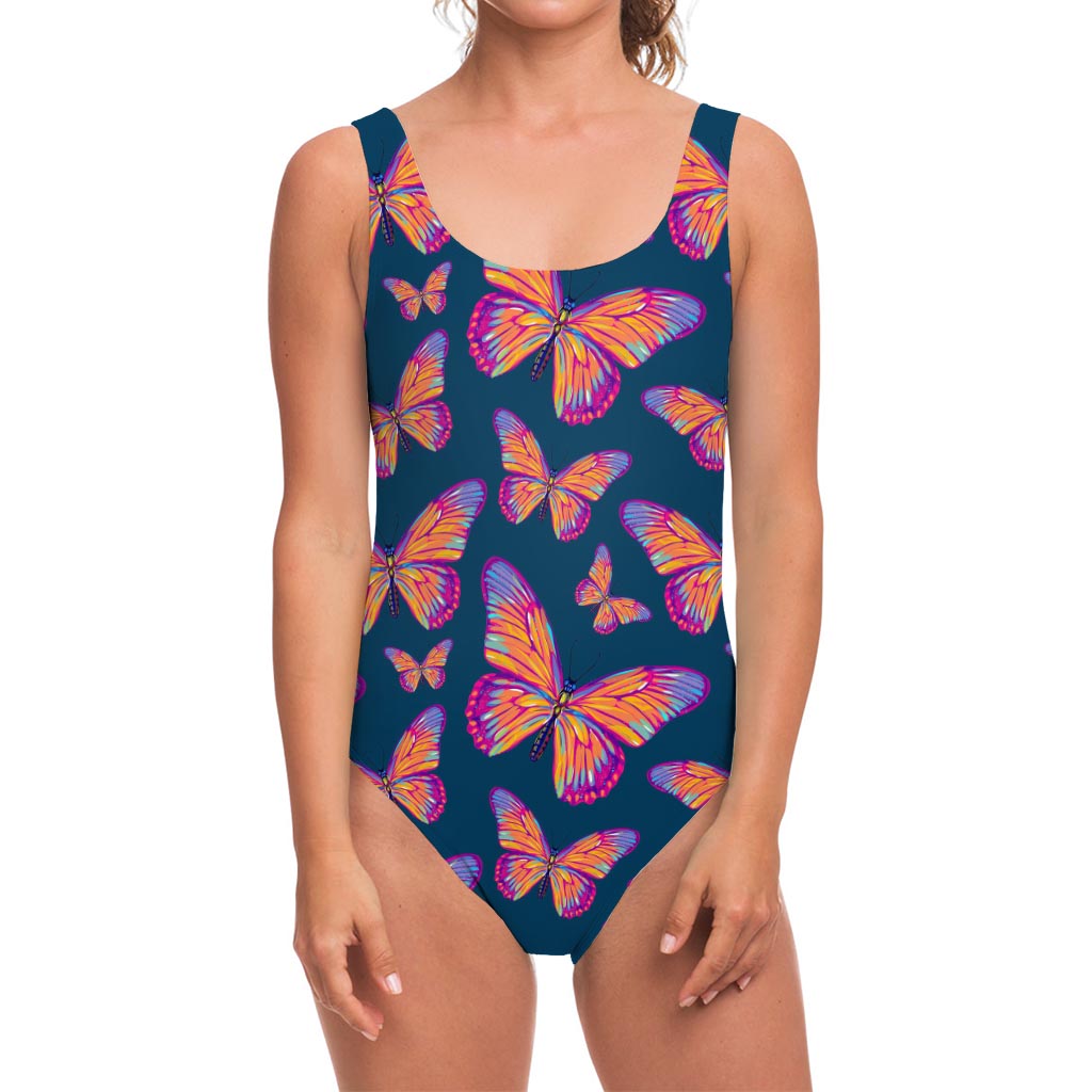 Orange And Purple Butterfly Print One Piece Swimsuit