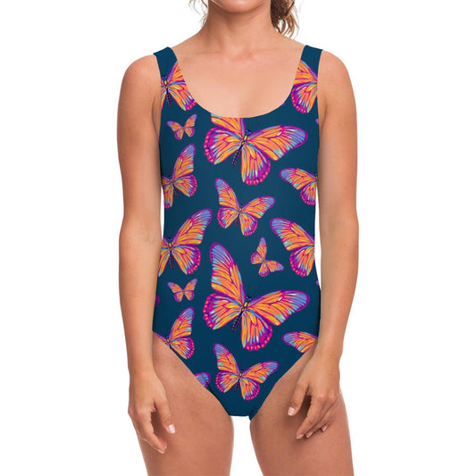 Orange And Purple Butterfly Print One Piece Swimsuit