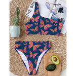 Orange And Purple Butterfly Print One Shoulder Bikini Top