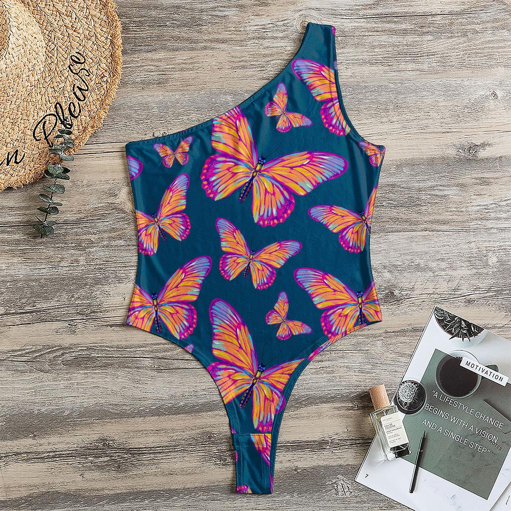 Orange And Purple Butterfly Print One Shoulder Bodysuit