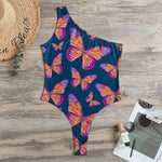 Orange And Purple Butterfly Print One Shoulder Bodysuit