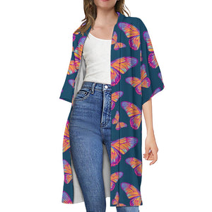 Orange And Purple Butterfly Print Open Front Beach Cover Up