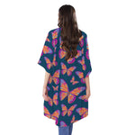 Orange And Purple Butterfly Print Open Front Beach Cover Up