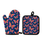 Orange And Purple Butterfly Print Oven Mitt And Pot Holder Set