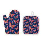 Orange And Purple Butterfly Print Oven Mitt And Pot Holder Set