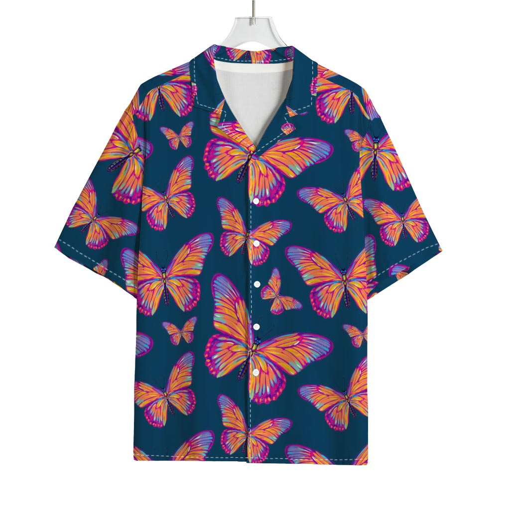 Orange And Purple Butterfly Print Rayon Hawaiian Shirt